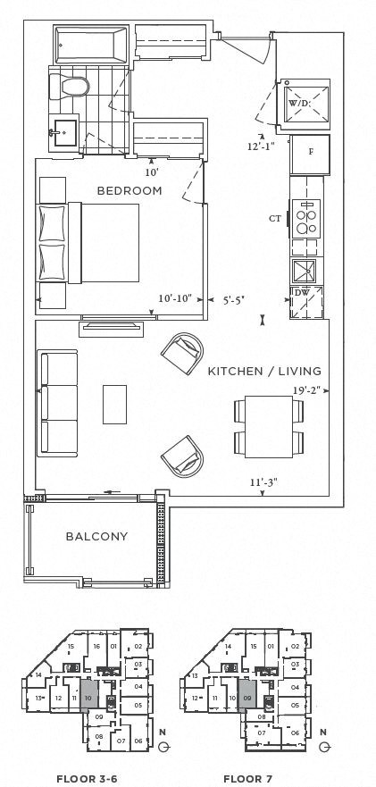 Floor plan for 1 bed, 1 bath, 634 sqft